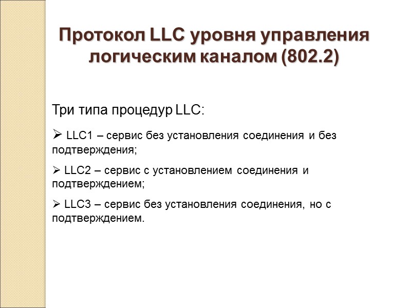 Протокол LLC уровня управления логическим каналом (802.2)  Три типа процедур LLC:  LLC1